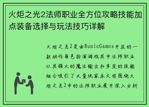 火炬之光2法师职业全方位攻略技能加点装备选择与玩法技巧详解